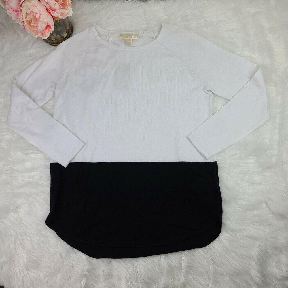 Michael Kors Scoop Neck Long Sleeve Pullover Sweater Logo White/Black XS NWT